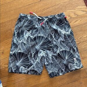 Psycho Bunny Black and White Swim Trunks with Tropical Print